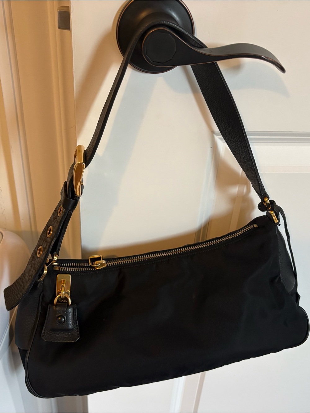 Prada Black Nylon and Leather shoulder bag with Gold Hardware - Picture 9 of 12